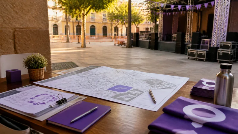 Mesa de planificación de una fiesta mayor con plano, protocolo preventivo y señalética violeta sin personas