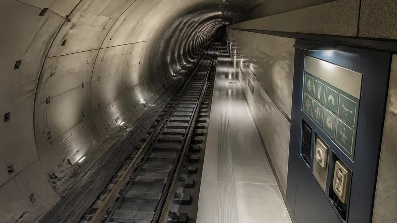 Túnel de metro vacío con revestimientos señalados por luz técnica y un panel de instrucciones de emergencia