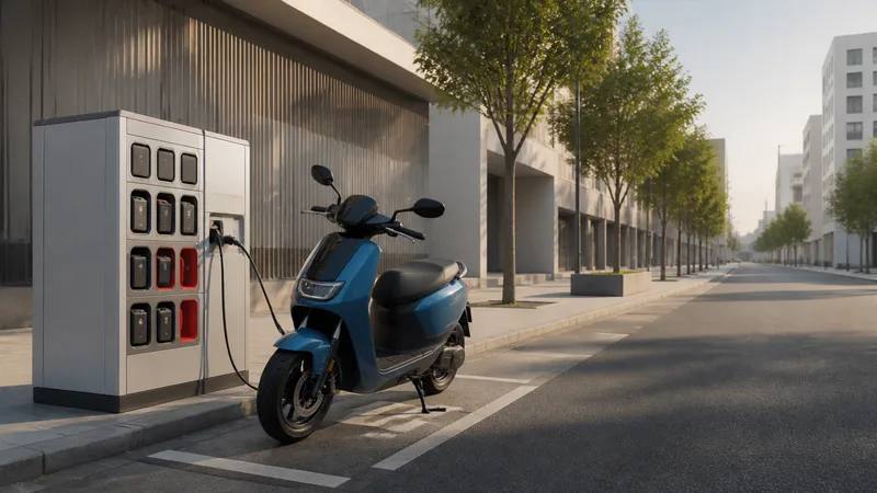 Ciclomotor eléctrico azul conectado a una estación compacta de intercambio de baterías en una calle vacía