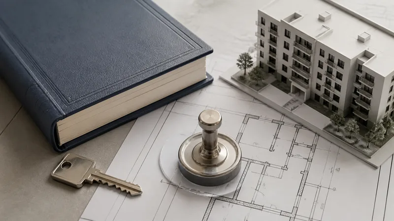 Libro de actas de una comunidad junto a una llave, sello registral abstracto y plano de un edificio residencial