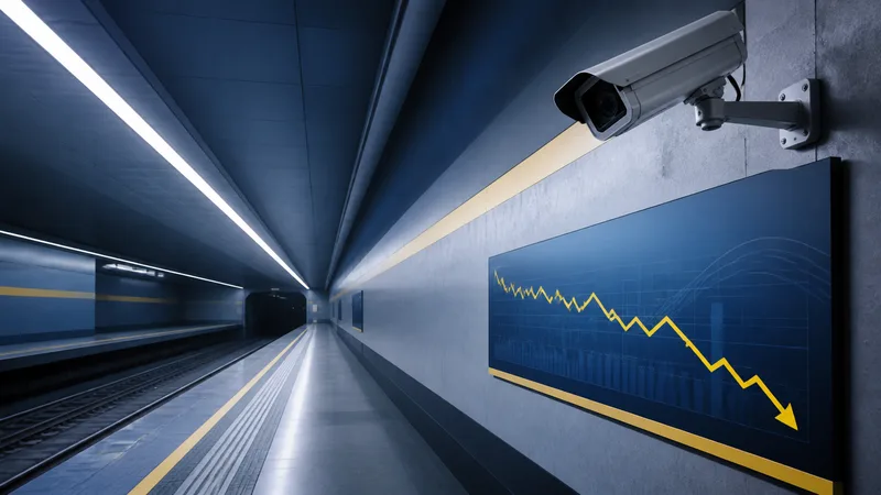 Andén de metro vacío con cámara de seguridad visible y un panel abstracto que muestra una tendencia descendente
