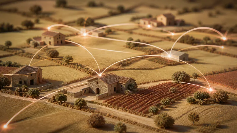 Masías dispersas en un paisaje agrícola conectadas visualmente por líneas luminosas abstractas de telecomunicaciones