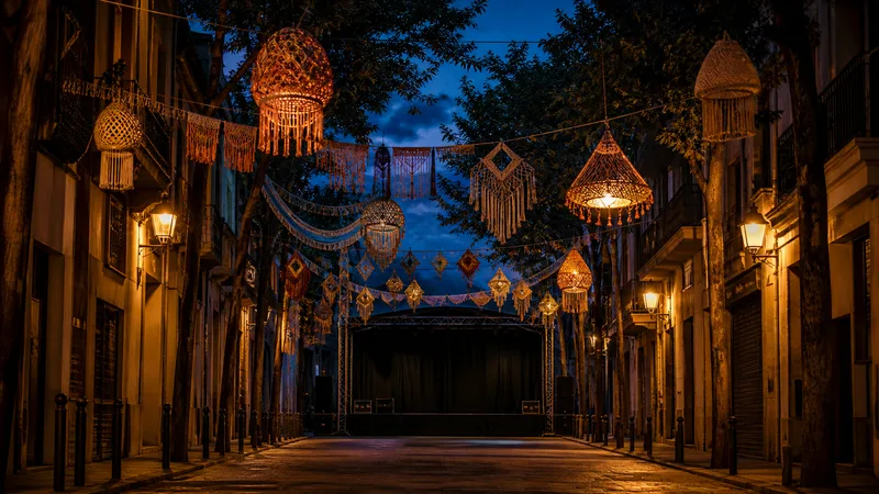 Calle de Sants vacía al amanecer con decoraciones artesanales suspendidas y un escenario todavía cerrado