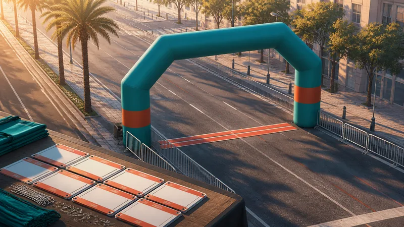 Arco de salida vacío en una avenida de Barcelona al amanecer con dorsales simbólicos sobre una mesa