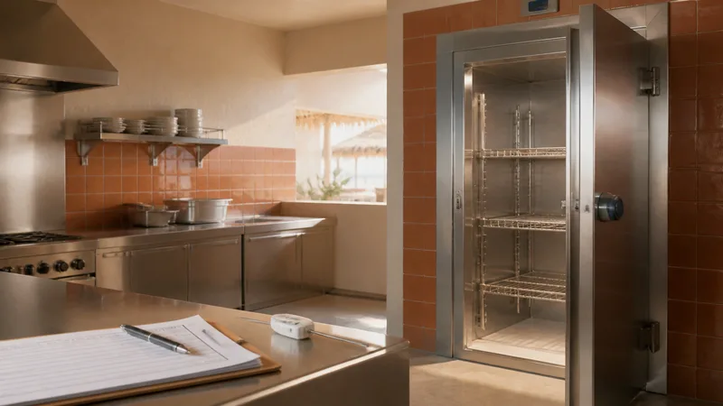 Cocina profesional vacía con termómetro de cámara frigorífica, registros y superficies de acero limpias