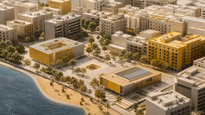 Maqueta urbana del barrio marítimo con escuela, plaza, vivienda pública y equipamiento comunitario destacados
