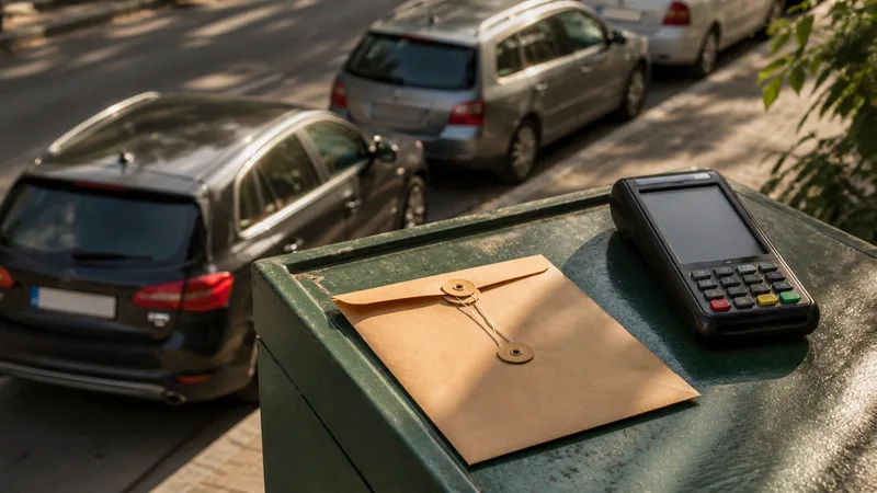 Matrículas europeas desenfocadas junto a un sobre oficial cerrado y un terminal de gestión sin datos visibles