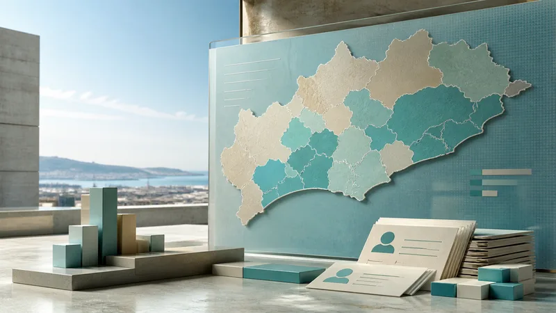Panel estadístico abstracto con un mapa de las comarcas barcelonesas y fichas de empleo sin datos personales