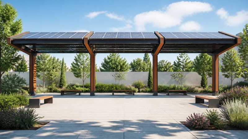 Pérgola fotovoltaica de tres cuerpos sobre una plaza ajardinada con bancos vacíos y luz mediterránea