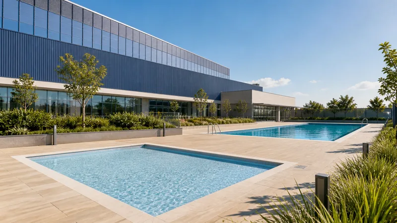 Dos piscinas exteriores nuevas junto a un solárium ajardinado y un edificio deportivo eficiente sin bañistas