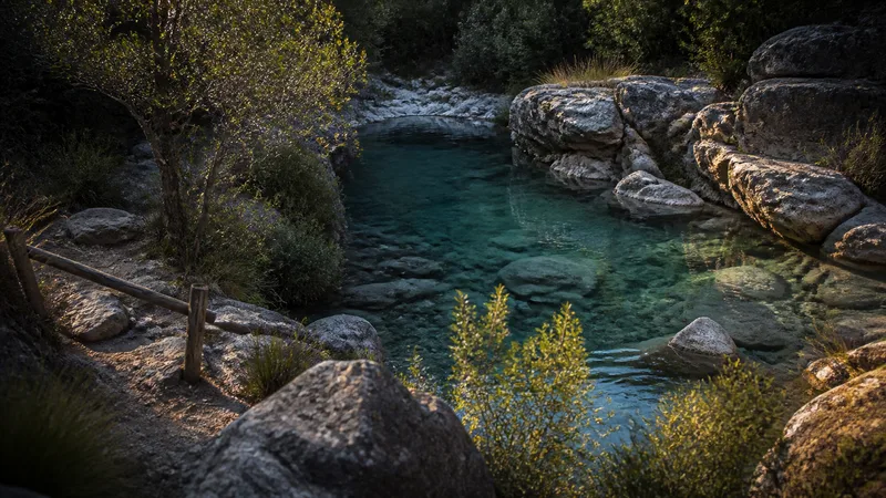 Poza natural transparente entre rocas y vegetación de ribera con un discreto cartel de acceso restringido