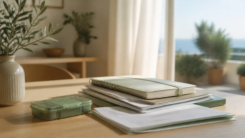 Mesa doméstica preparada con agenda de cuidados, pastillero cerrado y documentación de servicios sociales