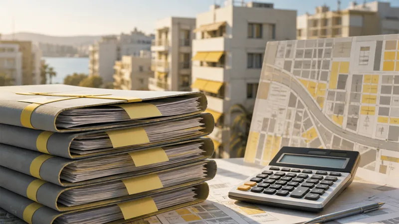 Carpetas de inspección fiscal codificadas junto a una calculadora y un plano abstracto de alojamientos urbanos