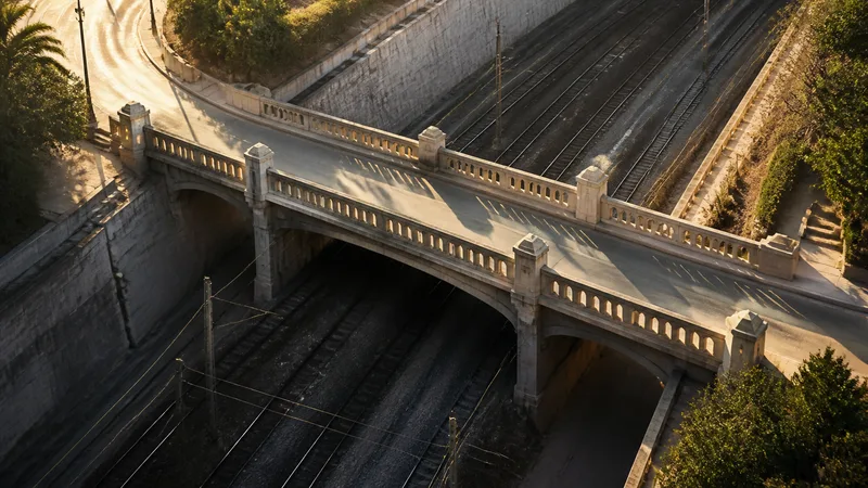 Puente urbano de hormigón de los años veinte visto al amanecer sobre vías ferroviarias