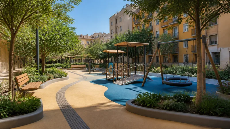 Interior de manzana barcelonés con juegos inclusivos, caminos suaves, árboles y bancos sin personas