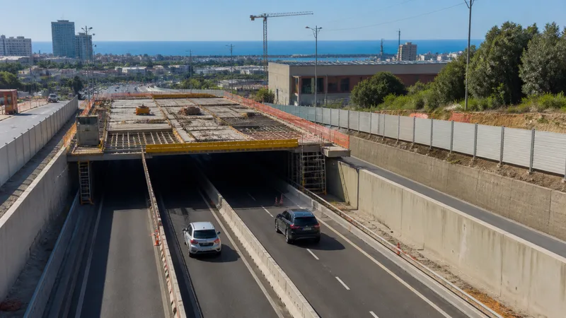 Calzada urbana semienterrada con dos carriles abiertos y obras de cubierta sobre el túnel