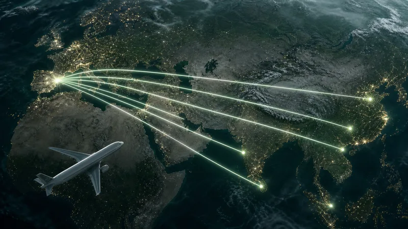 Mapa aéreo nocturno con seis rutas luminosas desde Barcelona hacia grandes ciudades de Asia y un avión sin logotipos