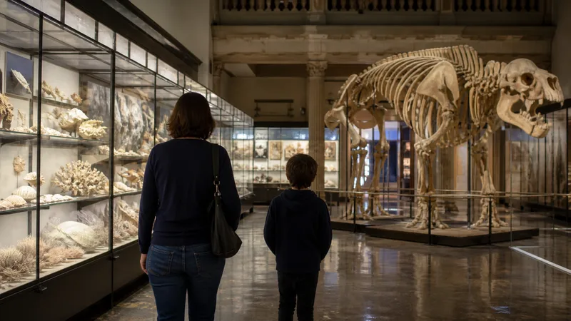 Familia contemplando esqueletos y vitrinas de biodiversidad en un museo de ciencias naturales
