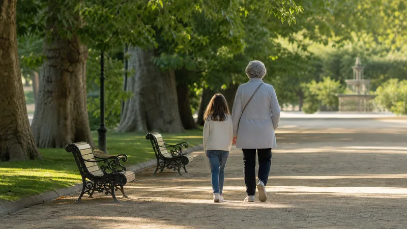 Familia descansando junto a un paseo arbolado del parque de la Ciutadella