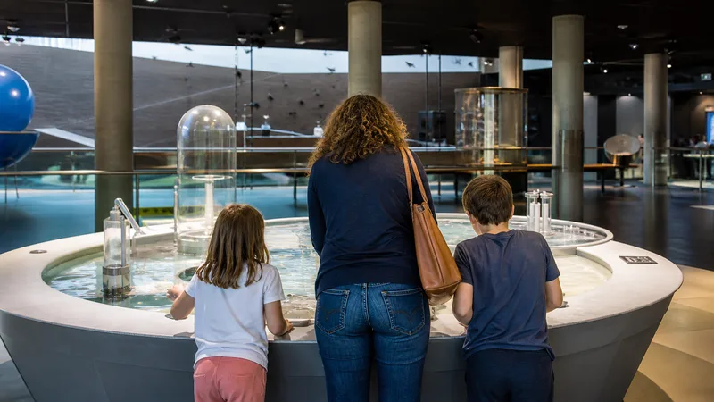 Familia observando un bosque inundado y una instalación científica en un museo de Barcelona