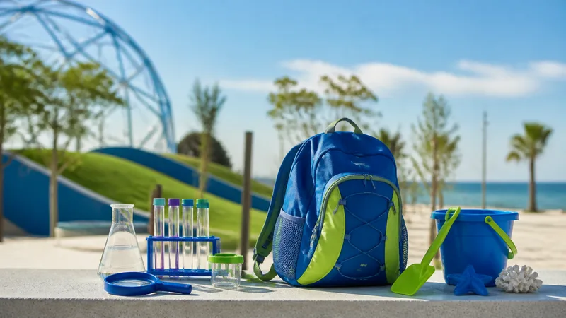 Mochila infantil junto a elementos de ciencia, parque y playa de Barcelona, sin marcas