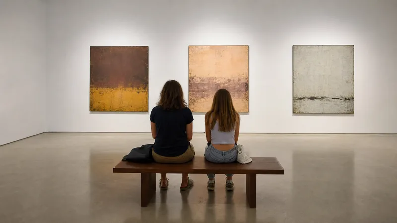 Adulto y adolescente vistos de espaldas ante una obra abstracta en una sala de museo