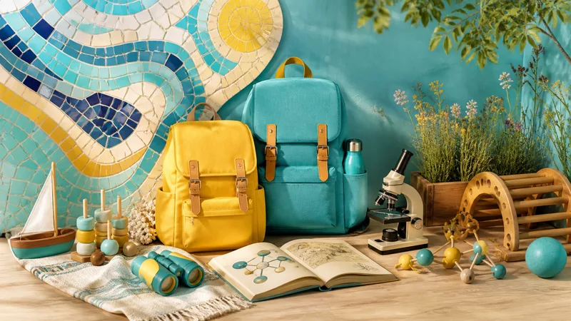 Mochilas familiares junto a formas de mosaico, ciencia y parque en una composición editorial sin personas