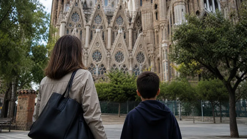Familia observando formas vegetales y esculturas de la Sagrada Família desde el espacio público