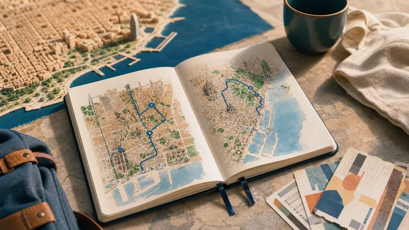 Cuaderno de viaje abierto con dos rutas urbanas de Barcelona y billetes abstractos, sin texto legible