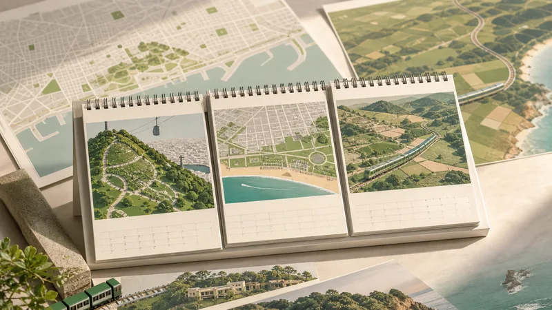 Calendario de tres páginas junto a mapas abstractos de Barcelona, Montjuïc y una excursión ferroviaria