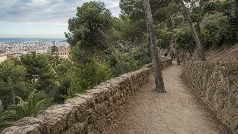 Sendero alto del Park Güell entre muros de piedra, pinos y una vista parcial de Barcelona