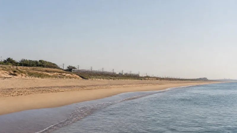 Playa amplia de la provincia de Barcelona con un tren regional lejano junto a las dunas