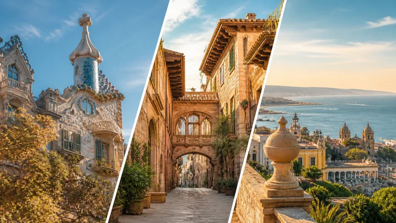 Tres franjas de paisaje de Barcelona: modernismo, casco antiguo y Montjuïc frente al mar, sin personas