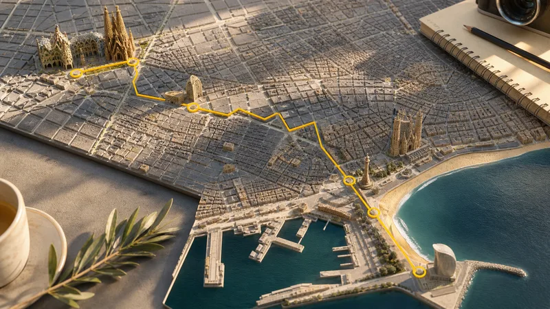 Mapa editorial de una jornada en Barcelona desde paseo de Gràcia hasta Ciutat Vella y el mar, sin texto legible