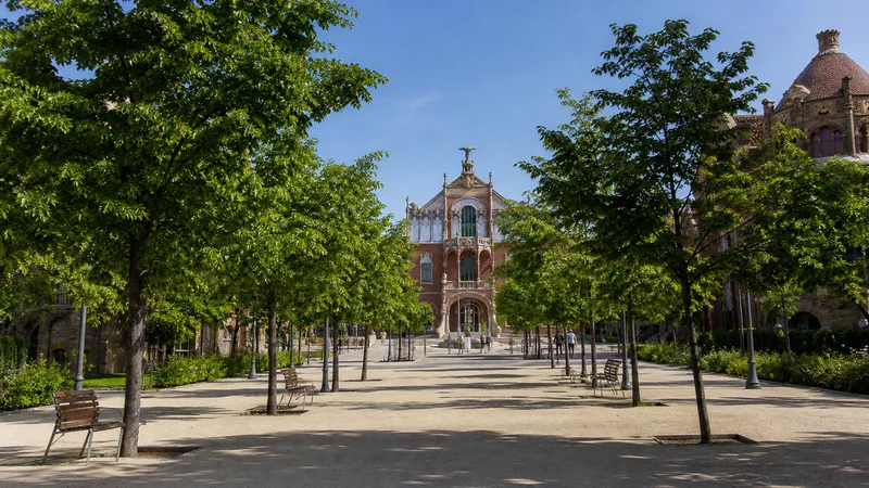 Paseo arbolado hacia los pabellones modernistas del Recinte de Sant Pau