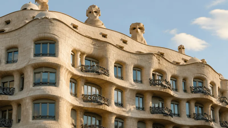 Fachada pétrea ondulante y balcones de hierro en una interpretación editorial de la Pedrera, sin personas