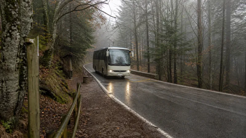 Autobús interurbano llegando a una parada habilitada entre bosques del Montseny