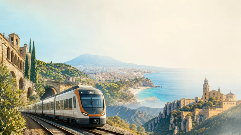 Tren metropolitano saliendo de Barcelona hacia montaña, costa y ciudades históricas en una composición editorial, sin personas