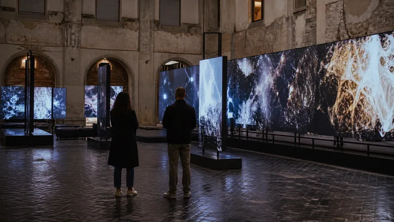 Visitantes ante una instalación audiovisual abstracta en un centro de cultura contemporánea