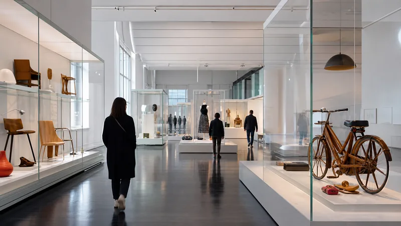 Galería luminosa con mobiliario, moda y objetos cotidianos en vitrinas