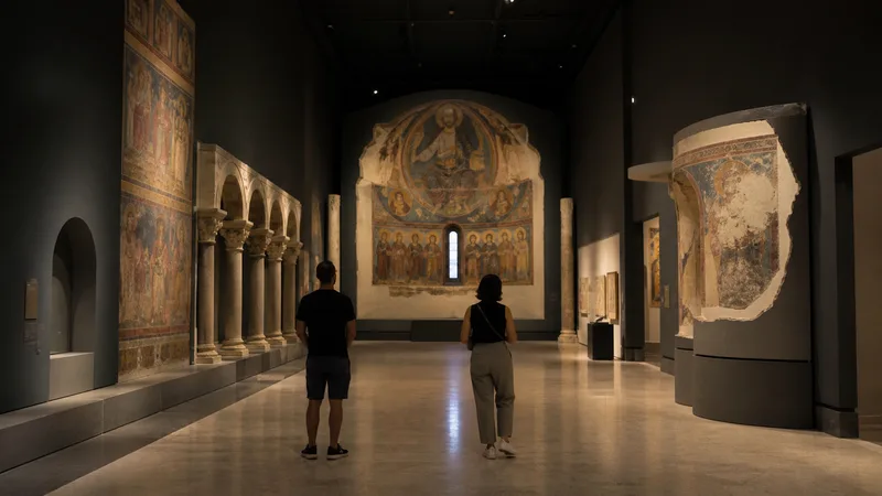 Visitantes ante ábsides y pinturas murales románicas en una sala museística