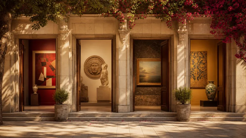 Entradas de varios museos de Barcelona representadas como puertas abiertas con colecciones diferentes, sin personas