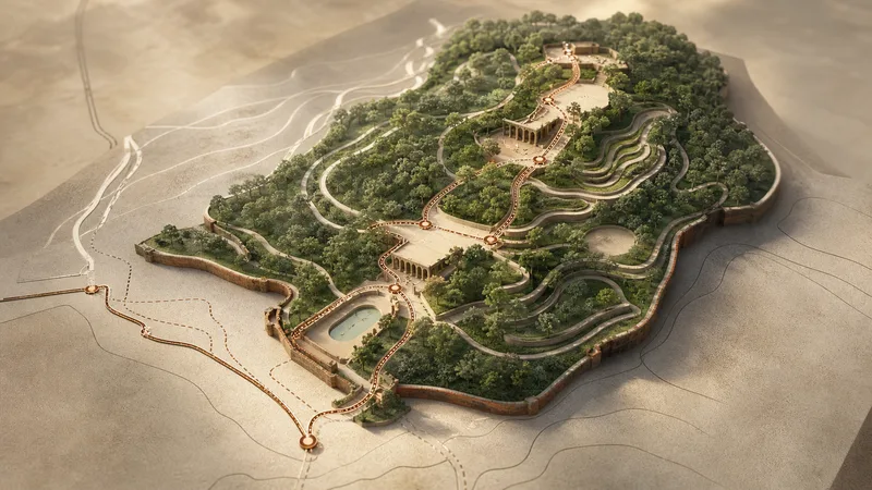 Plano editorial en relieve con accesos, pendientes y recorrido de parque, sin texto legible