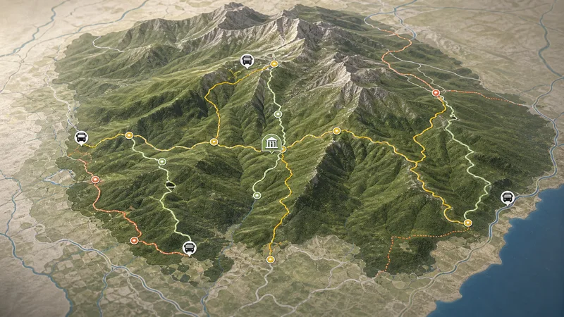 Mapa editorial del macizo con Bus Parc, centro de información y rutas de distinta dificultad, sin texto