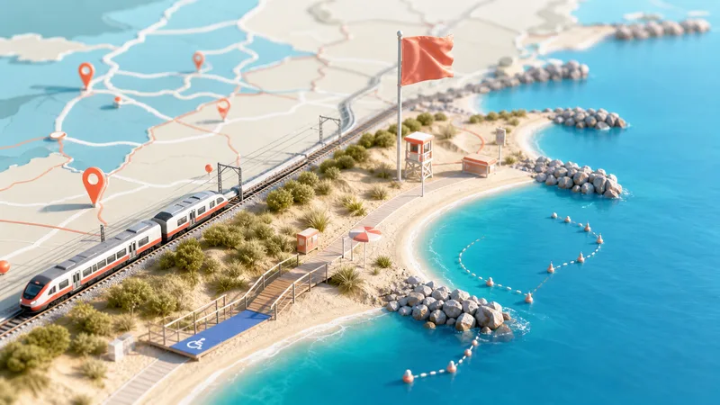 Mapa costero editorial con tren, bandera, pasarela accesible y dunas, sin texto legible