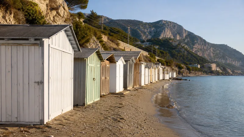 Casetas antiguas de madera alineadas en la pequeña playa del Garraf