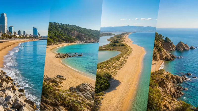 Panorámica editorial de cuatro tipos de playa de la provincia de Barcelona, desde ciudad hasta delta y costa rocosa, sin personas