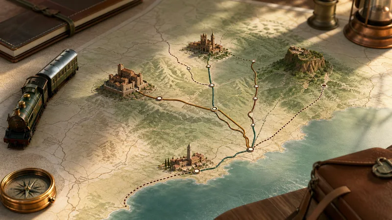 Mapa provincial editorial con trenes y rutas hacia Sitges, Vic, Cardona y el Collsacabra, sin texto legible