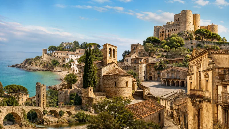 Composición editorial de núcleos de piedra, plaza histórica, costa y castillo en la provincia de Barcelona, sin personas