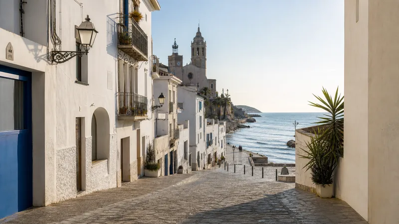 Calle blanca del casco antiguo de Sitges descendiendo hacia el mar y la iglesia